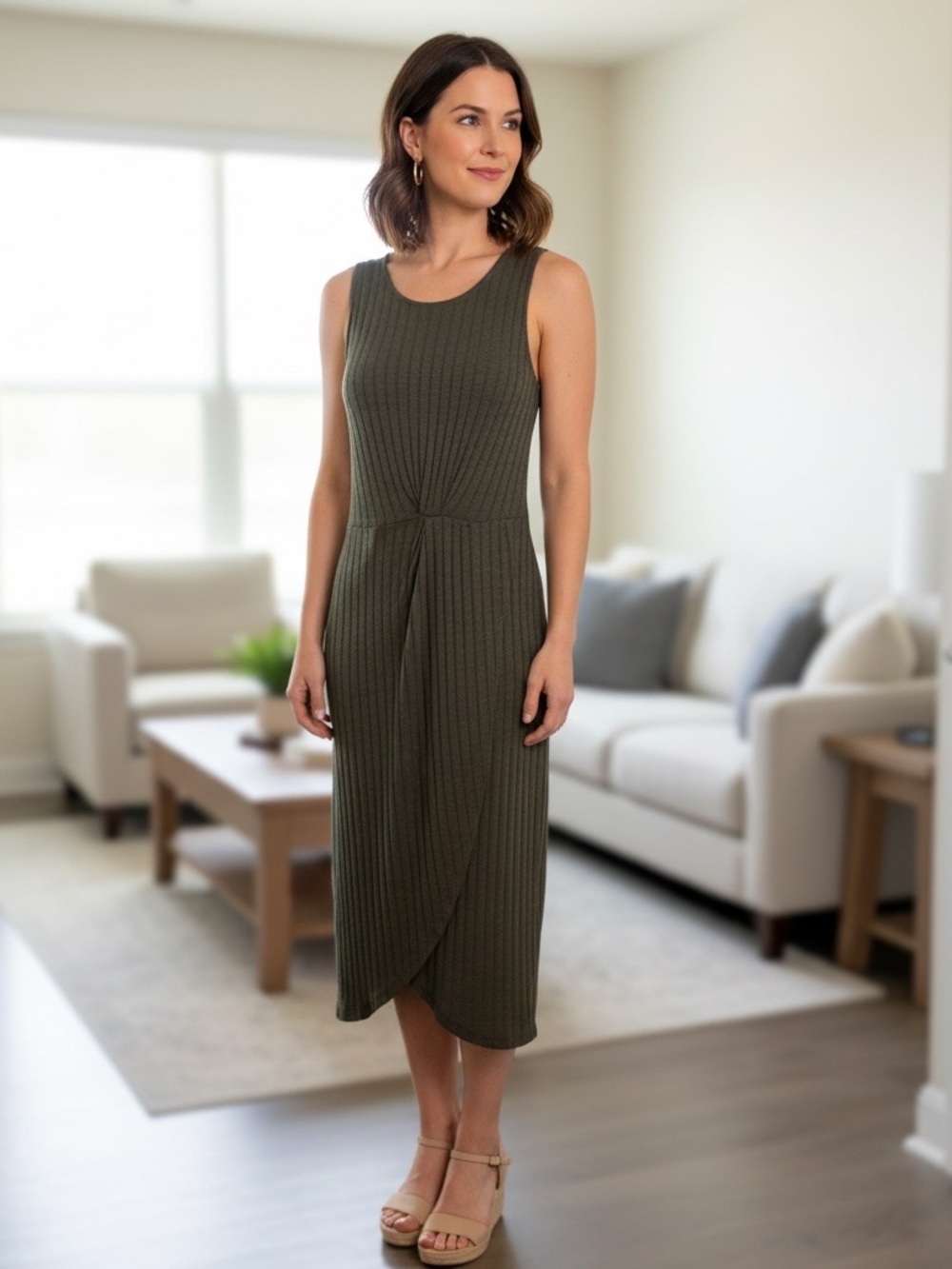 Sleeveless Ribbed Olive Green Midi Dress & Gold Fashion Earrings